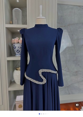 Uzun Kollu, Drapeli Lacivert Abiye Elbise - Görsel 4