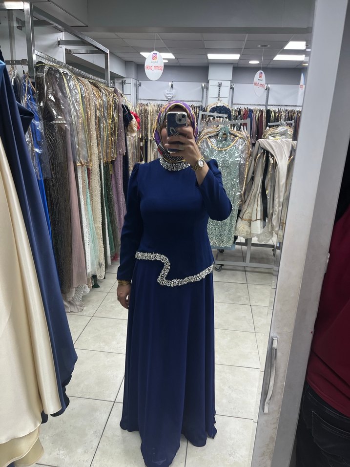 Uzun Kollu, Drapeli Lacivert Abiye Elbise - Görsel 2