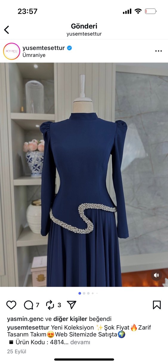 Uzun Kollu, Drapeli Lacivert Abiye Elbise - Görsel 4