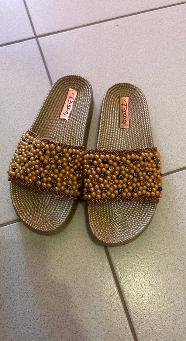 Boncuk İşlemeli Kahverengi Kadın Terlik - Görsel 2