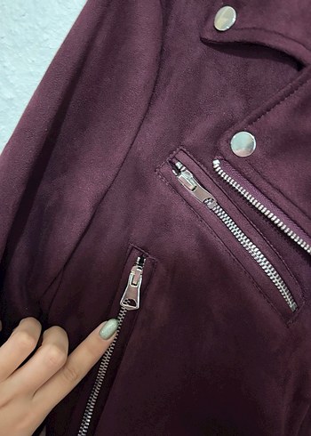 Pull&BearBordo Süet Kemerli Biker Kadın Ceket - Görsel 4