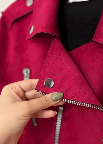 Fuşya Süet Mini Biker Ceket - Görsel 3