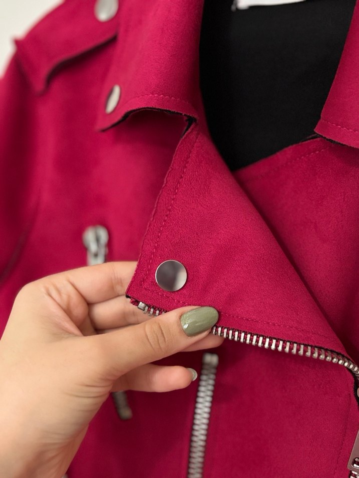 Fuşya Süet Mini Biker Ceket - Görsel 3