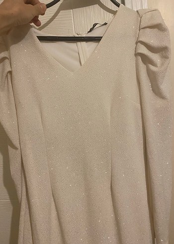 Beyaz Simli V Yakalı Midi Kalem Elbise - Görsel 4