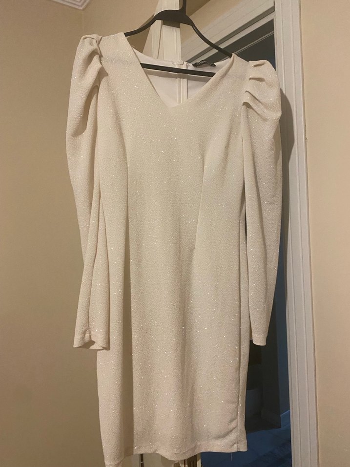 Beyaz Simli V Yakalı Midi Kalem Elbise - Görsel 2