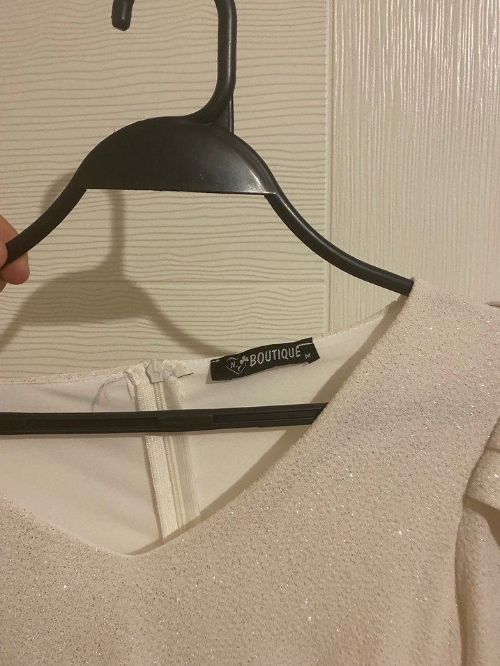 Beyaz Simli V Yakalı Midi Kalem Elbise - Görsel 3