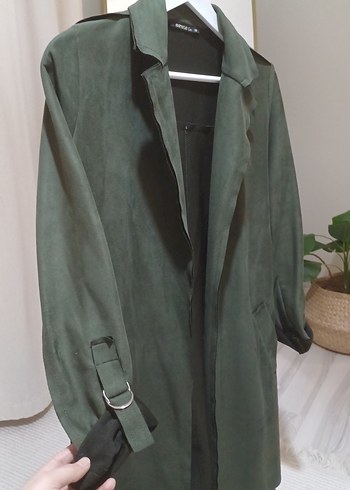 Kadın Haki Süet Uzun Trençkot - Görsel 4