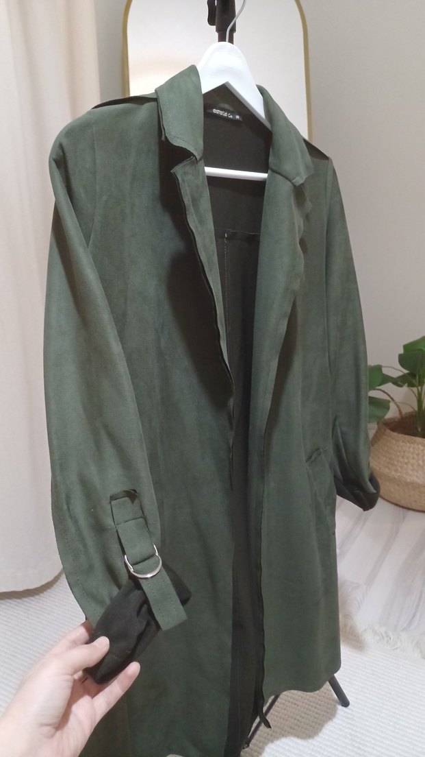 Kadın Haki Süet Uzun Trençkot - Görsel 4