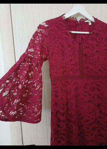 Bordo Dantel Midi Bohem Elbise - Görsel 2