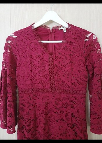 Bordo Dantel Midi Bohem Elbise - Görsel 4