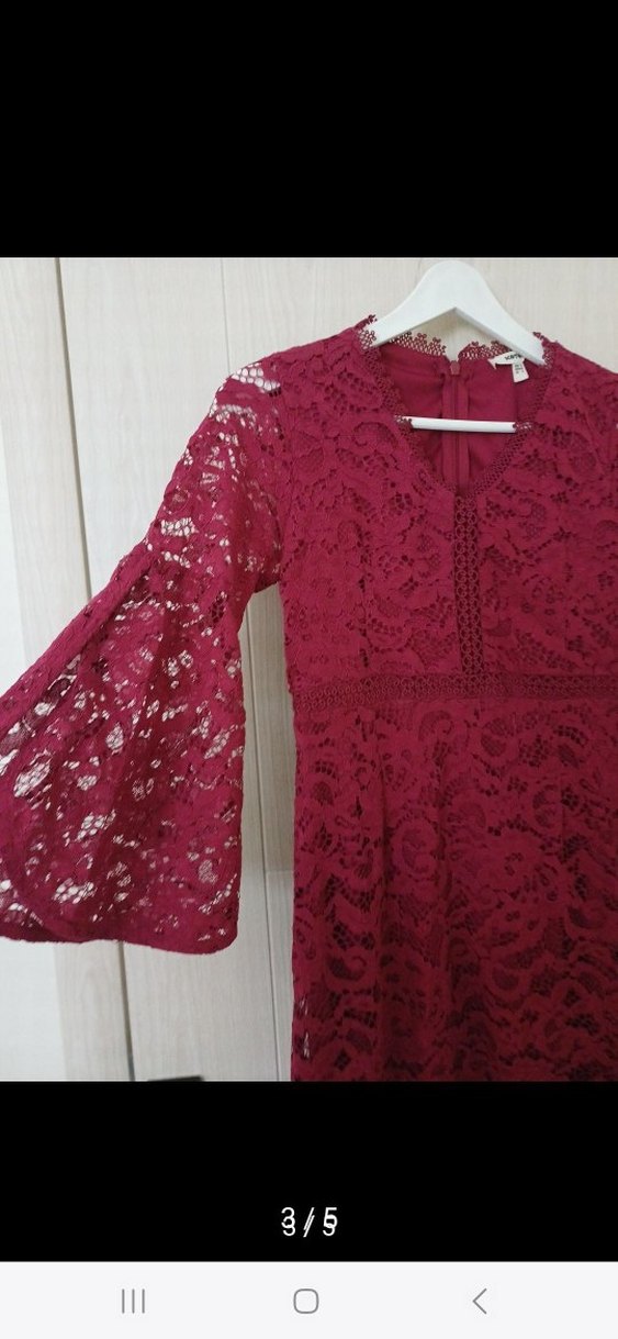 Bordo Dantel Midi Bohem Elbise - Görsel 2