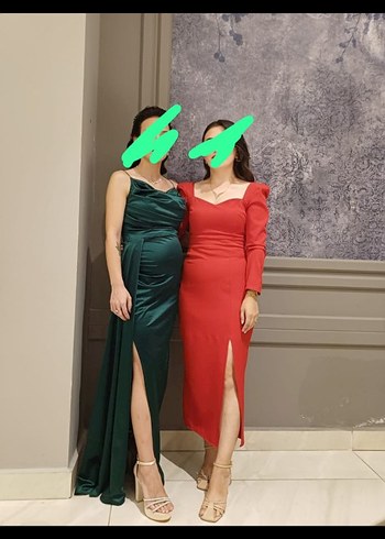 Kırmızı V Yaka Uzun Kollu Uzun Elbise - Görsel 2