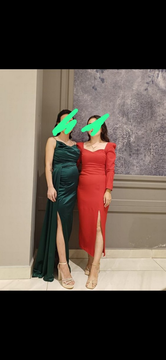 Kırmızı V Yaka Uzun Kollu Uzun Elbise - Görsel 2