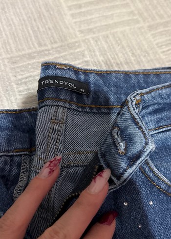 Parlak İşlemeli Kadın Mavi Kot Pantolon - Görsel 2