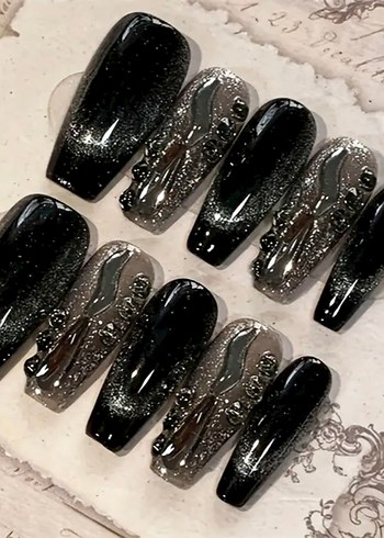 Sheinside Siyah Parlak Taşlı Takma Tırnak