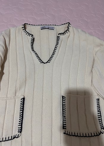 Beyaz V Yaka Örgü Kadın Kazak Zara - Görsel 2