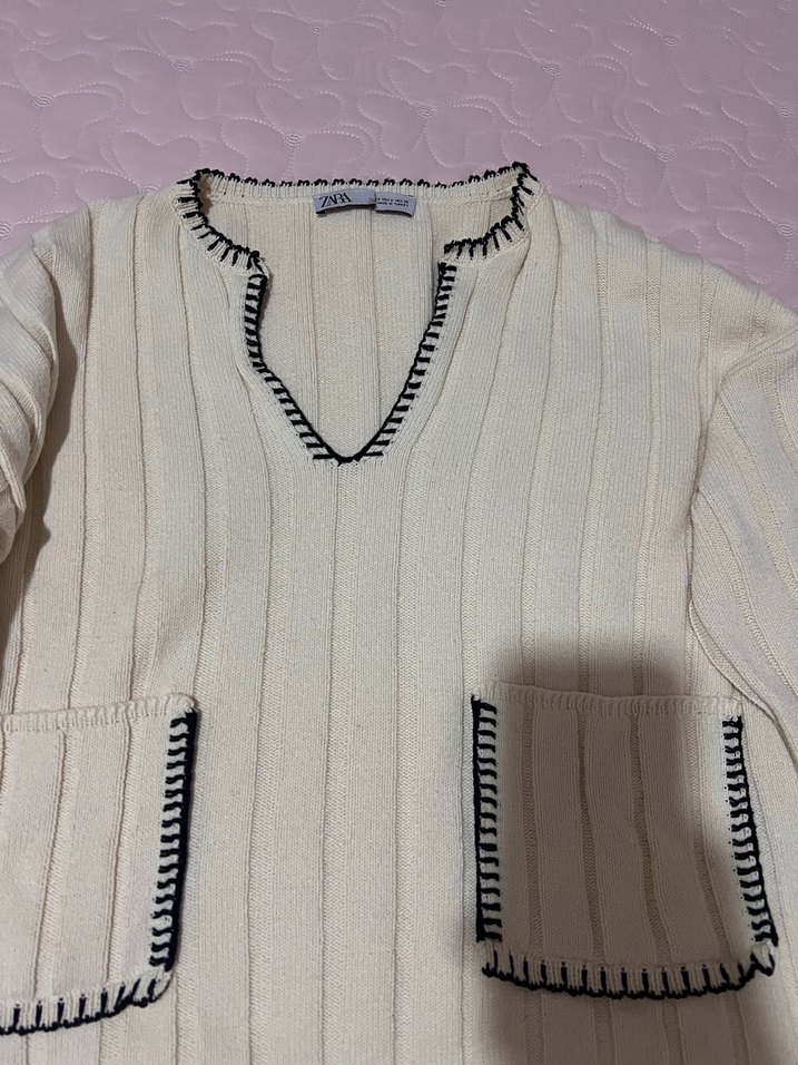 Beyaz V Yaka Örgü Kadın Kazak Zara - Görsel 2