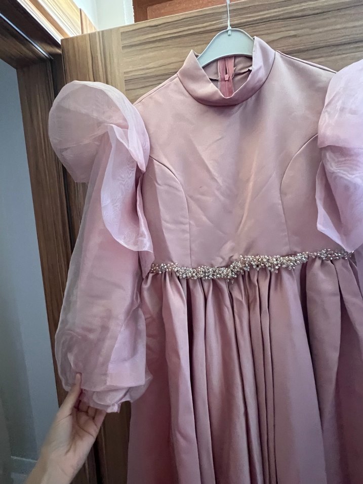 Pembe Vintage Uzun Kollu Abiye Elbise - Görsel 2