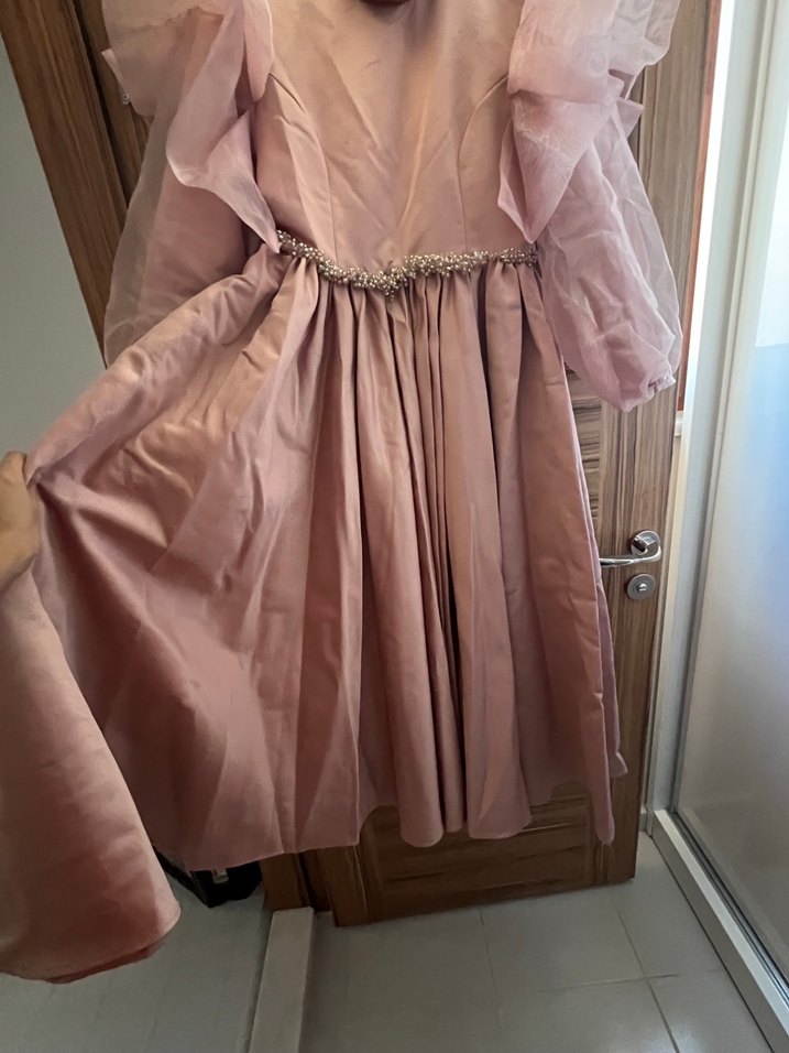 Pembe Vintage Uzun Kollu Abiye Elbise - Görsel 5