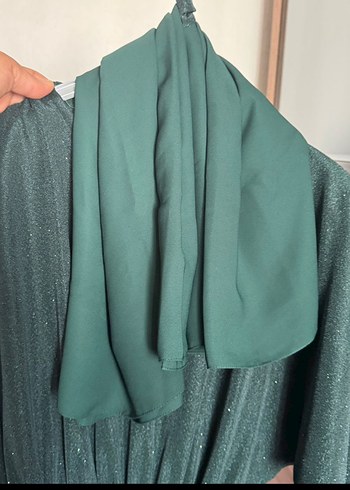 Yeşil Uzun Kollu simli Kadın Elbise şal hediye - Görsel 3