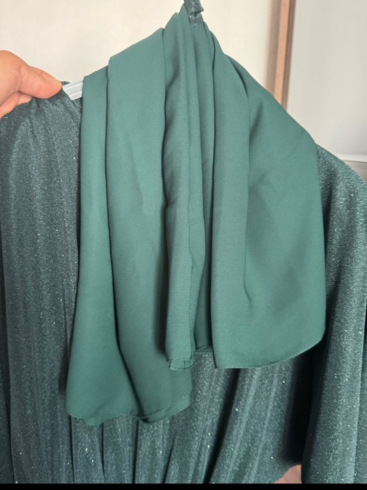 Yeşil Uzun Kollu  simli Kadın Elbise şal hediye - Görsel 3