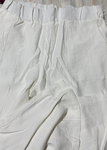 Beyaz Keten Piliseli Midi Kadın Pantolon - Görsel 4