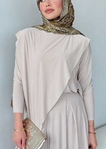 Uzun Kollu Bej Kadın Katar candy takım - Görsel 3