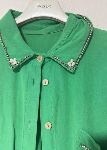 Nakışlı Yeşil Uzun Kollu Kadın Gömlek - Görsel 3