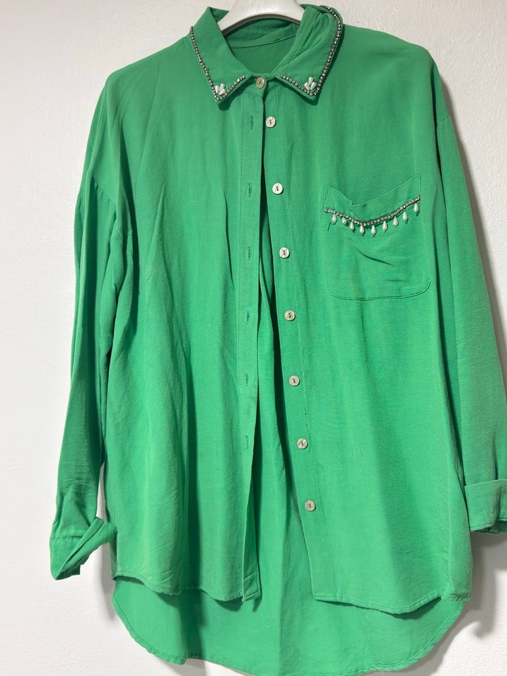 Nakışlı Yeşil Uzun Kollu Kadın Gömlek - Görsel 2