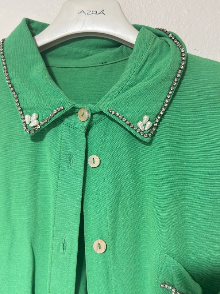 Nakışlı Yeşil Uzun Kollu Kadın Gömlek - Görsel 3