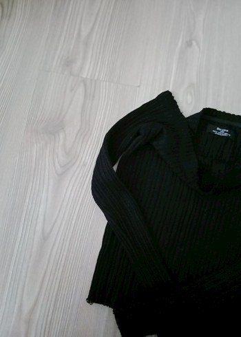 Kadın Siyah Triko Tekne Yaka tişört - Görsel 3