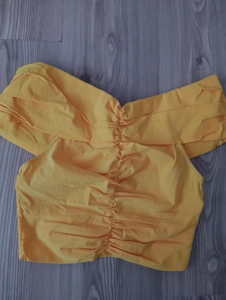 Sarı Keten Pilili Mini Bluz - Görsel 2