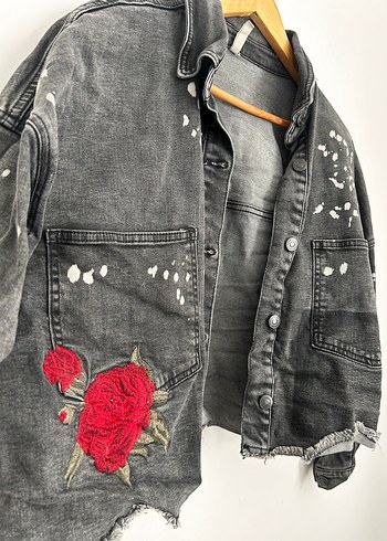 s Beden Nakışlı Gri Kadın Denim Ceket
