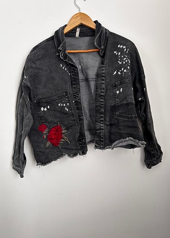 Nakışlı Gri Kadın Denim Ceket