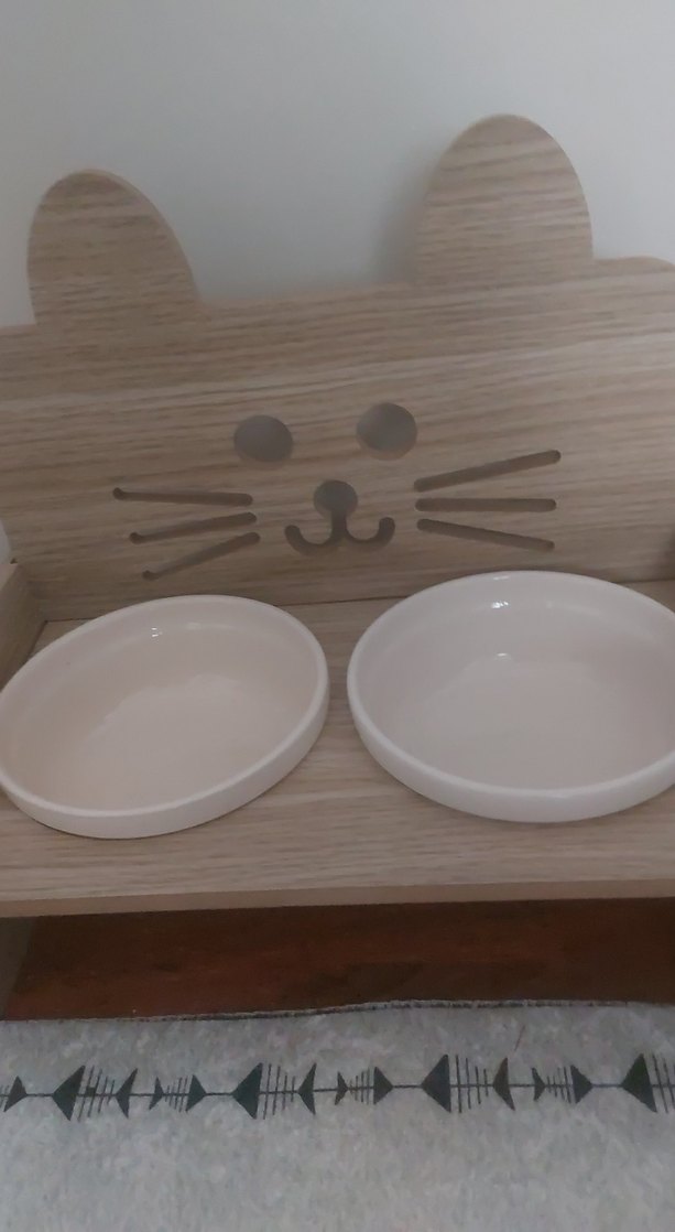 Gri Kedili Ahşap Mama Kabı ve Paspası - Görsel 2