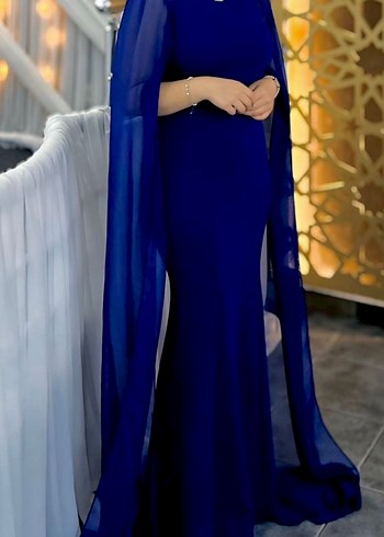 Mavi Uzun Kollu Şık Kadın Abiye Elbise - Görsel 2