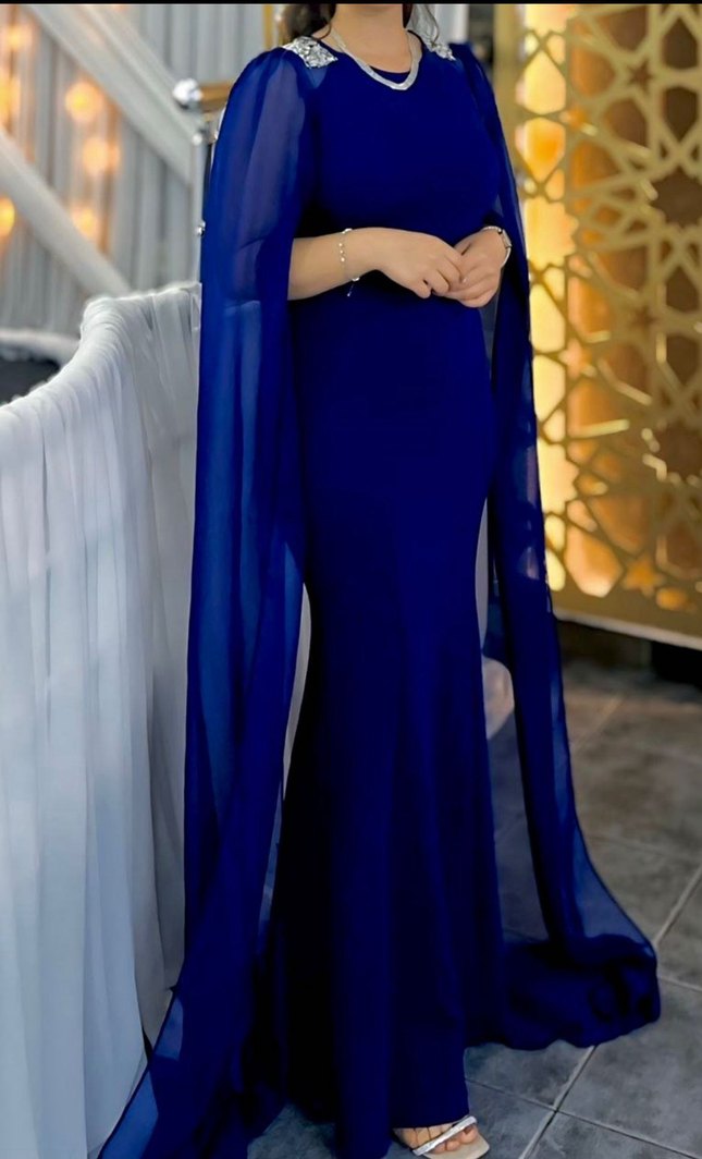 Mavi Uzun Kollu Şık Kadın Abiye Elbise - Görsel 2