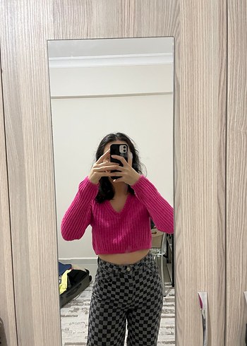 Pembe V Yaka Triko Kadın Kazak - Görsel 3