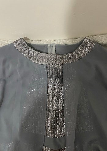 Boncuk İşlemeli Gri Uzun Kollu Kadın Elbise - Görsel 2