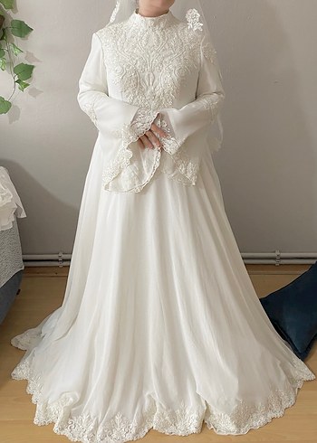 l Beden Uzun Kollu Yüksek Yakalı Beyaz Vintage Gelinlik