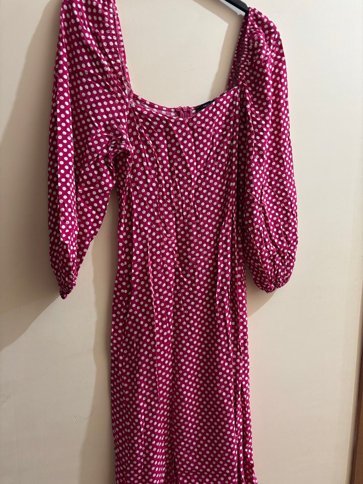 Puantiyeli Pembe Uzun Elbise - Görsel 5