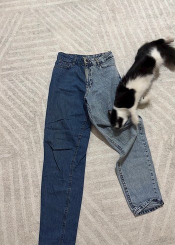 Gri ve Mavi Düğmeli Salaş Kadın Kot Pantolon - Görsel 5