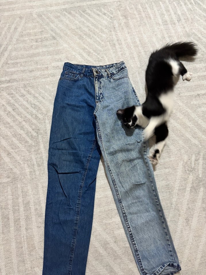 Gri ve Mavi Düğmeli Salaş Kadın Kot Pantolon - Görsel 4