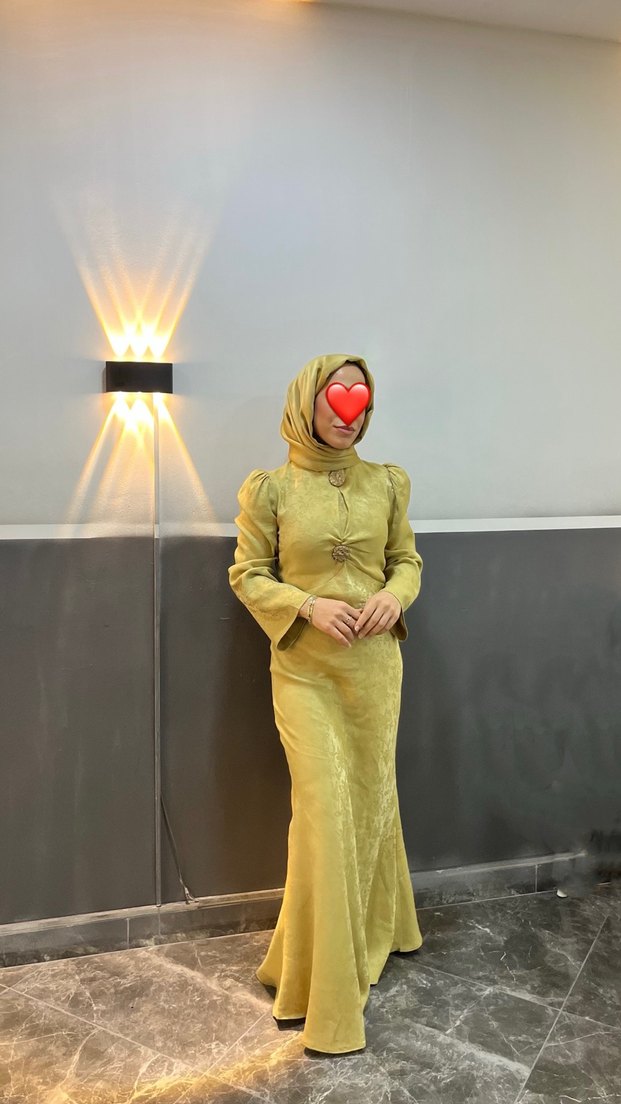 Kadın Yağ Yeşili Drapeli Abiye Elbise - Görsel 2