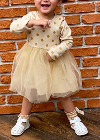 Uzun Kollu Puantiyeli Kız Elbisesi - Görsel 2