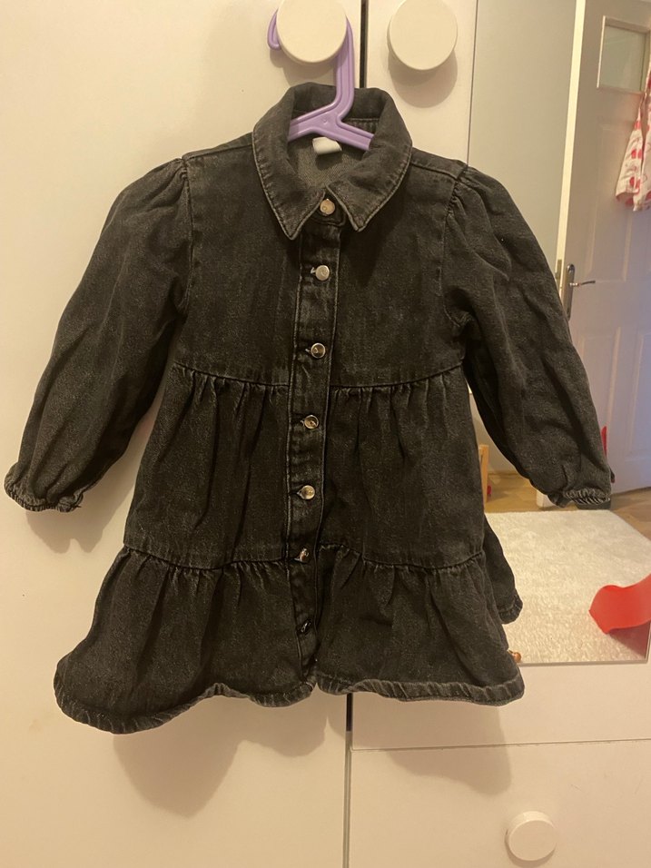 Düğmeli Siyah Kız Kot Elbise - Görsel 3