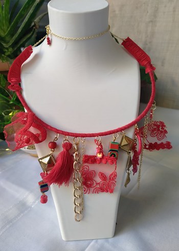 Kırmızı Nakışlı Tasarım Bohem Kolye - Görsel 6