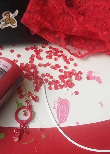 Kırmızı Nakışlı Tasarım Bohem Kolye - Görsel 9