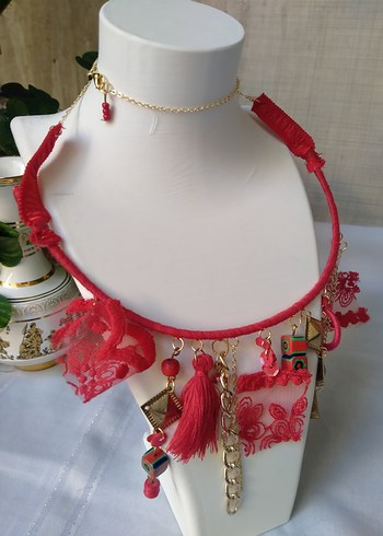 Kırmızı Nakışlı Tasarım Bohem Kolye - Görsel 7