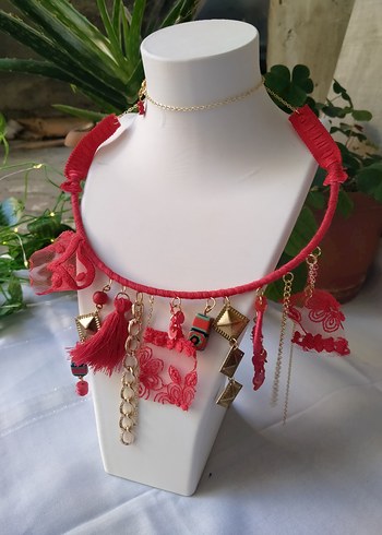 Kırmızı Nakışlı Tasarım Bohem Kolye - Görsel 2